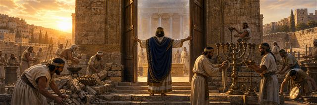 Hezekiah opening the temple doors at dawn while priests and Levites cleanse the courts